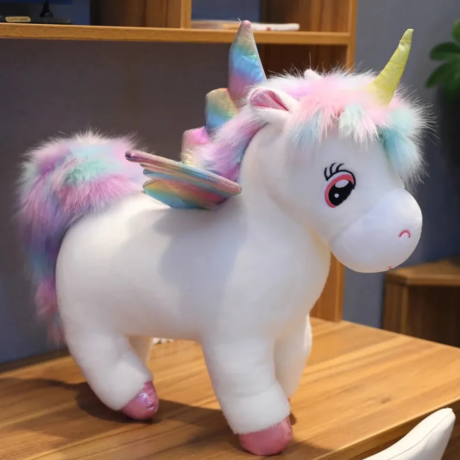 Outlet La compagnie de la peluche Peluche licorne arc-en-ciel blanche avec ailes et corne dorée
